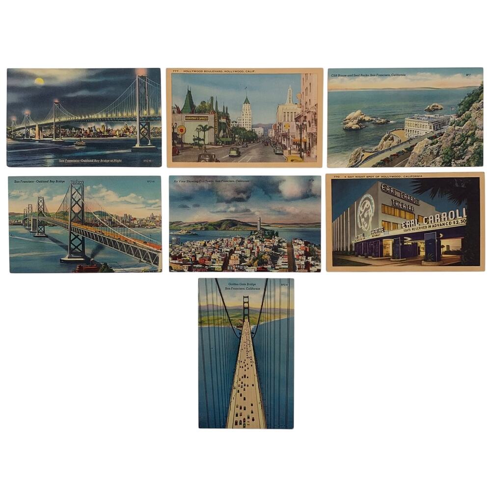 Set of 7 Postcards 1940's San Francisco, California Vintage Bridges UNUSED